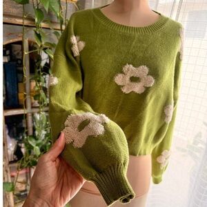 Anthropologie x Luna Ivy Green Chenille Knit Sweater 3D Fuzzy Flowers Cozy M